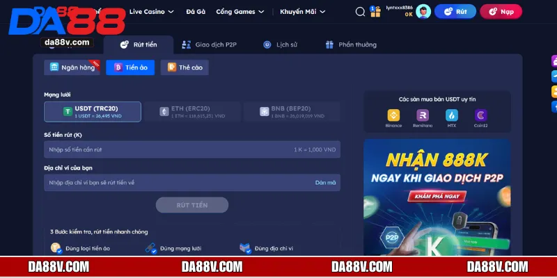 Thao tác để rút tiền DA88 về ví Crypto siêu dễ